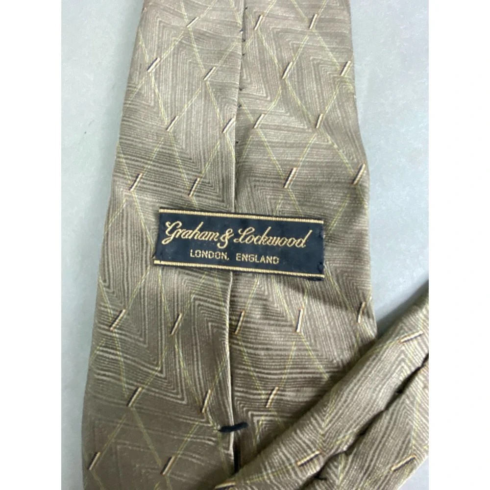 Graham & Lockwood Mens Tie Taupe Brown Gold Silk Geometric Chevron 58x4